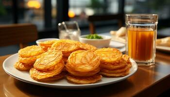 Freshly cooked homemade pancake with sweet honey and fresh fruit generated by AI photo