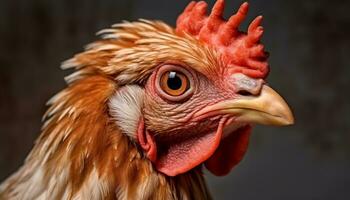 Close up of a healthy, vibrant rooster in a rural farm generated by AI photo