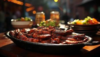 A la parrilla carne en un rústico mesa, un gastrónomo verano parilla generado por ai foto