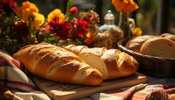 Freshly baked bread on a wooden table, a homemade gourmet delight generated by AI photo