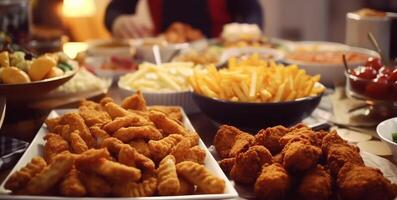 profundo frito pollo alas en un lámina, Listo a comer a un pub generado por ai foto