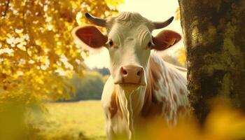 vacas pasto en un verde prado, naturaleza belleza en rural escena generado por ai foto