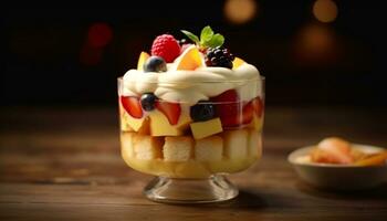 Fresh fruit dessert on wooden table with whipped cream and chocolate generated by AI photo