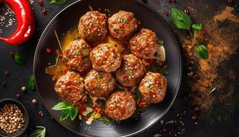 Freshness and spice on a rustic plate, a gourmet meatball meal generated by AI photo