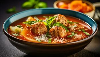 Homemade beef stew with meatballs, vegetables, and aromatic spices generated by AI photo