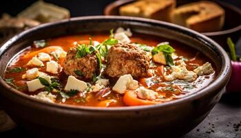 A rustic bowl of homemade beef stew, fresh and flavorful generated by AI photo