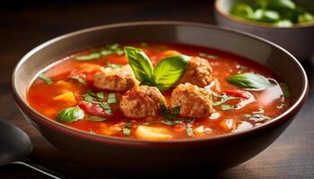 Fresh homemade tomato soup, a healthy vegetarian meal on a wooden table generated by AI photo