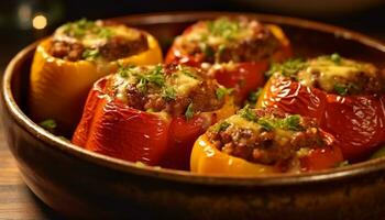 A la parrilla relleno campana pimienta con carne, tomate, y vegetales generado por ai foto