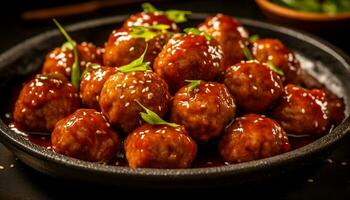 Freshness and gourmet meatball appetizer on a wooden plate generated by AI photo