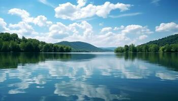 tranquilo escena azul agua refleja verano paisaje, bosque, y al aire libre generado por ai foto