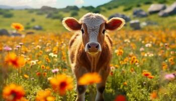Cute cow grazing on green meadow, surrounded by beautiful wildflowers generated by AI photo