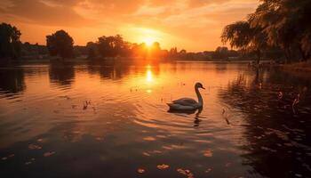 Sunset reflects on water, creating a tranquil scene of nature generated by AI photo