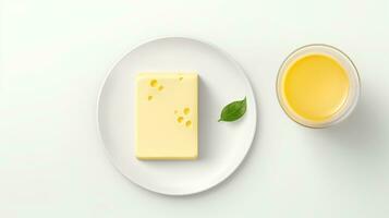 Minimalist photo of a slice of cheese on a white plate beside honey. Generative AI
