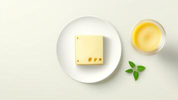 Minimalist photo of a slice of cheese on a white plate beside honey. Generative AI