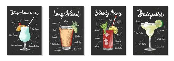 Set of 4 advertising recipe lists with alcoholic drinks, cocktails and beverages lettering posters, wall decoration, prints, menu design. Hand drawn typography with sketches. Handwritten calligraphy. vector