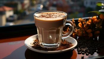 café taza en mesa, cerca arriba de espumoso capuchino con latté Arte generado por ai foto