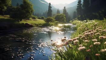 Tranquil scene mountain peak reflects in calm pond at dawn generated by AI photo
