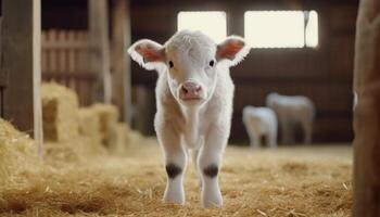 Cute cow grazing on grass in a peaceful rural meadow generated by AI photo