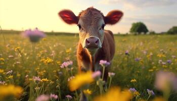 Cute cow grazing on green meadow, surrounded by beautiful flowers generated by AI photo