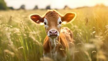 Cute cow grazing on green meadow, enjoying nature beauty generated by AI photo