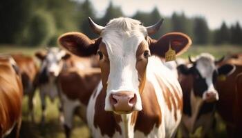 Cows grazing in a green meadow on a dairy farm generated by AI photo