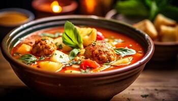 Freshness and spice enhance the gourmet meal on the wooden table generated by AI photo