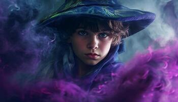 Cute witch girl in purple costume smiles, spooky Halloween fun generated by AI photo