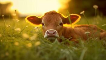 Cow grazing in a green meadow, enjoying the beautiful summer generated by AI photo