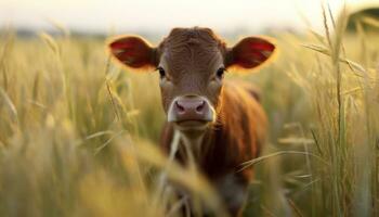 Cute cow grazing in green meadow on a sunny day generated by AI photo