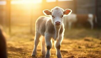 Cute young cow grazing on green meadow at sunset generated by AI photo