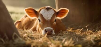 Cute cow grazing on green meadow, looking at camera generated by AI photo