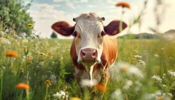 vaca pasto en un verde prado, rodeado por flores y naturaleza generado por ai foto