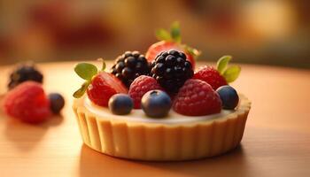 Fresco baya postre en de madera mesa, un dulce verano indulgencia generado por ai foto