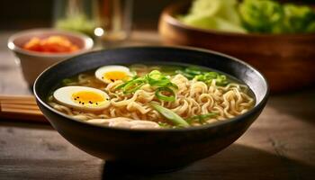 A bowl of homemade vegetarian ramen noodles on a wooden table generated by AI photo