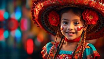 un lindo, alegre niña sonriente, mirando a cámara con alegría generado por ai foto