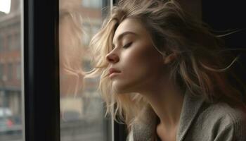 un joven mujer tristeza reflejado en el ventana elegancia generado por ai foto