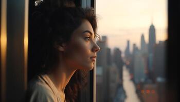 Young woman looking through window at cityscape, smiling at sunset generated by AI photo