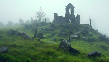 Ancient ruined architecture reveals mystery of spirituality in foggy landscape generated by AI photo