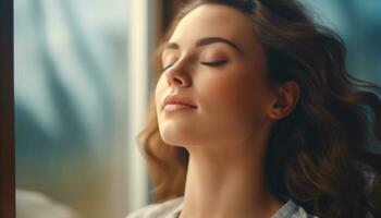 Young adult woman with brown hair, indoors, close up, looking relaxed generated by AI photo