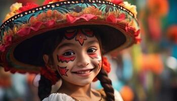 sonriente niño en tradicional ropa, linda y alegre, mirando a cámara generado por ai foto