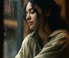 Young woman with long brown hair looking out the window generated by AI photo