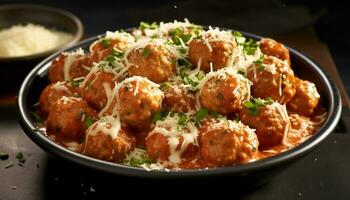 Fresh meatball cooked with herbs, served on wooden plate with sauce generated by AI photo