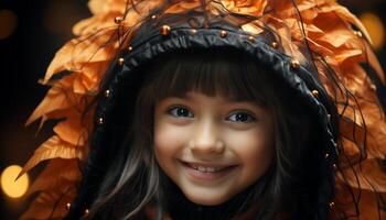 sonriente niño, felicidad, alegre chica, retrato de infancia en otoño generado por ai foto