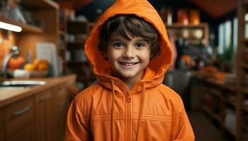 sonriente niño disfruta calabaza en acogedor cocina generado por ai foto