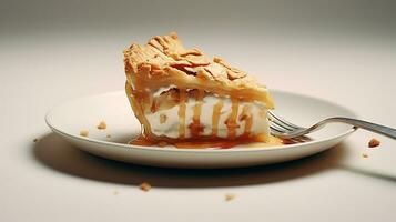 Photo of a slice of apple pie on a white plate. Generative AI