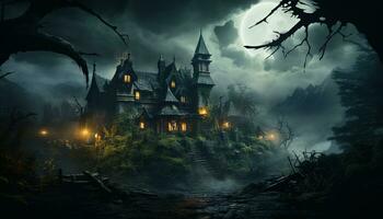 Spooky night, dark horror, foggy old tree, evil fear fantasy generated by AI photo