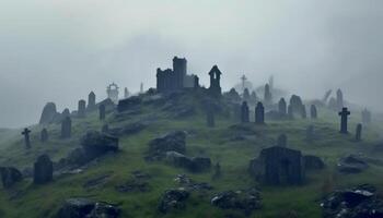 Spooky old ruin, mystery of ancient tombstone in foggy landscape generated by AI photo