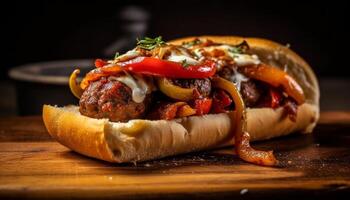 Grilled beef burger with tomato, onion, and homemade bread bun generated by AI photo