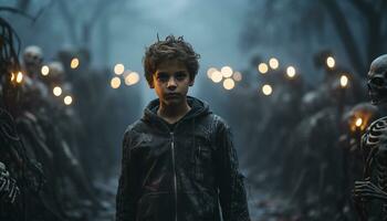 A smiling boy standing outdoors, looking at camera in the dark generated by AI photo