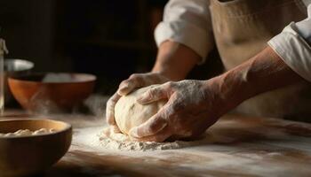 A man kneading dough on a wooden table, preparing homemade bread generated by AI photo